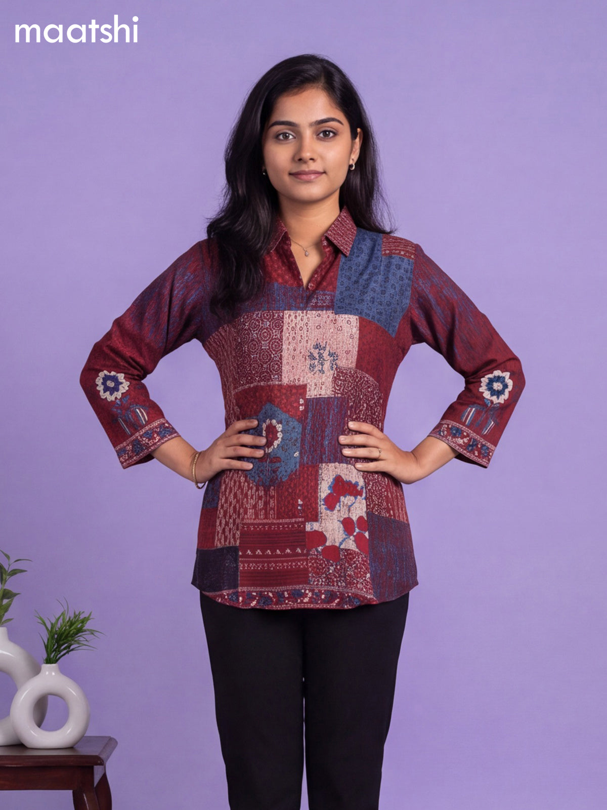 Maroon Muslin Printed Women'S Shirt