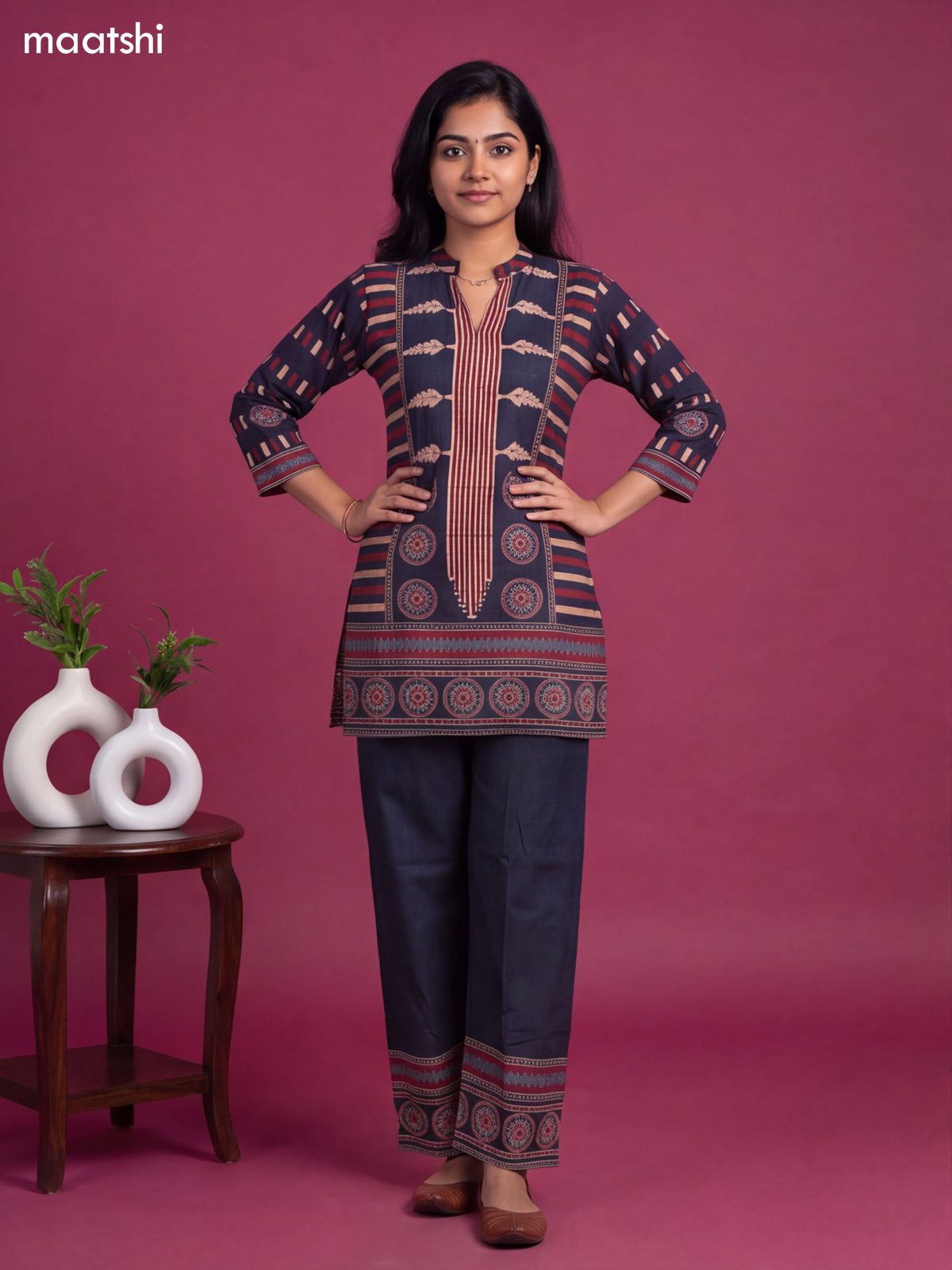 Navy Blue and Maroon Muslin Printed & Embroidery Work Neck Pattern Short Co-Ord Set