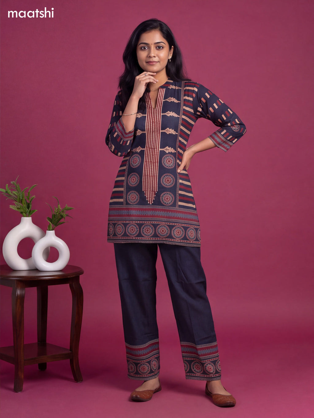 Navy Blue and Maroon Muslin Printed & Embroidery Work Neck Pattern Short Co-Ord Set