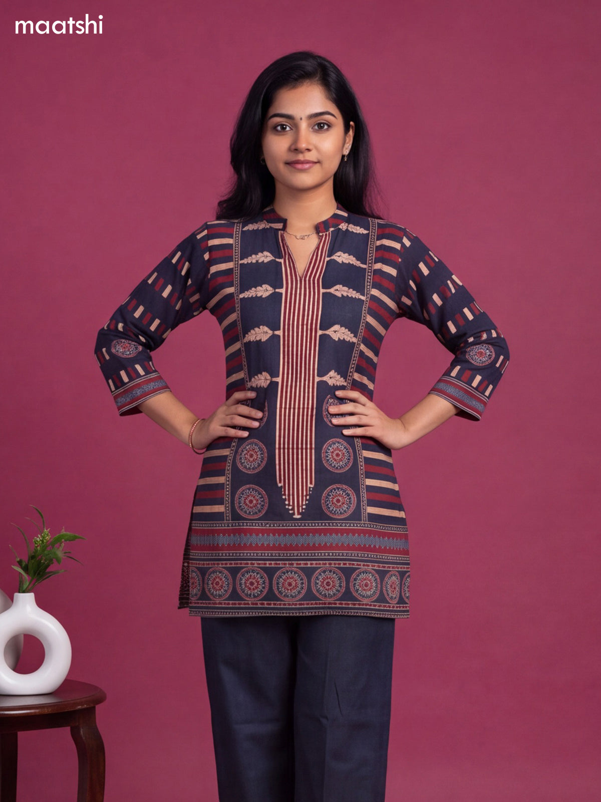 Navy Blue and Maroon Muslin Printed & Embroidery Work Neck Pattern Short Co-Ord Set