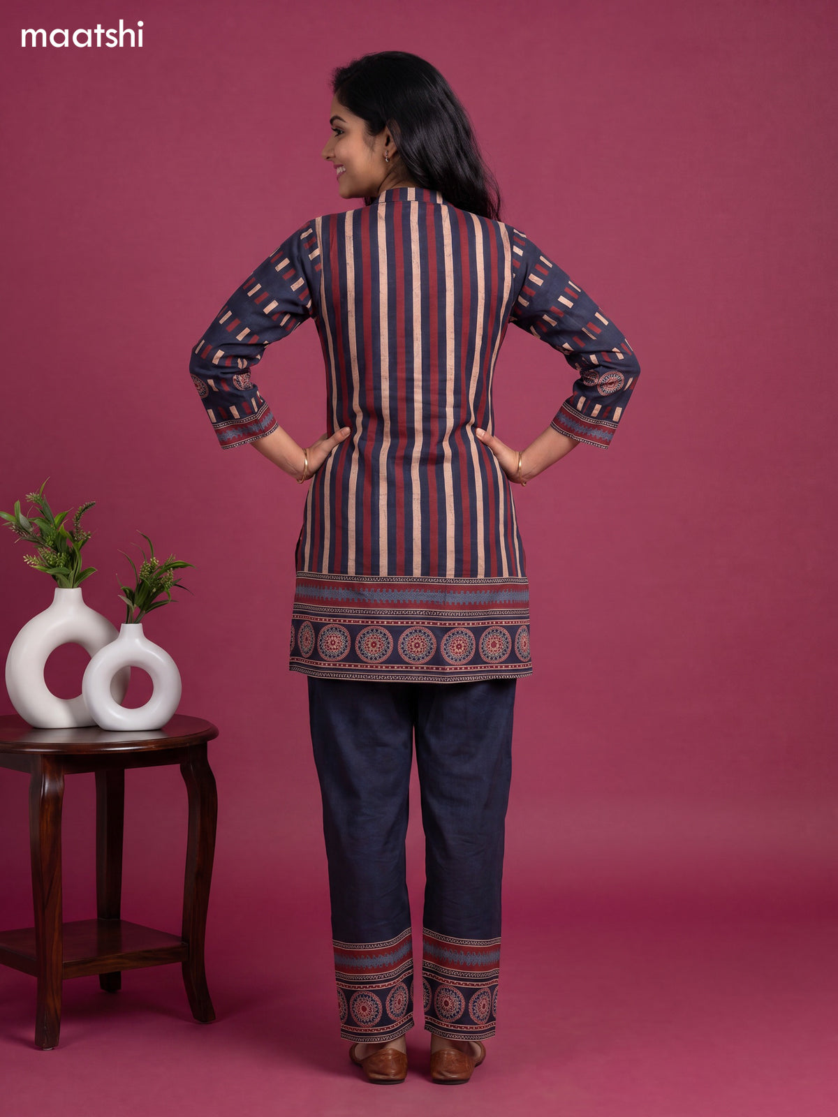 Navy Blue and Maroon Muslin Printed & Embroidery Work Neck Pattern Short Co-Ord Set