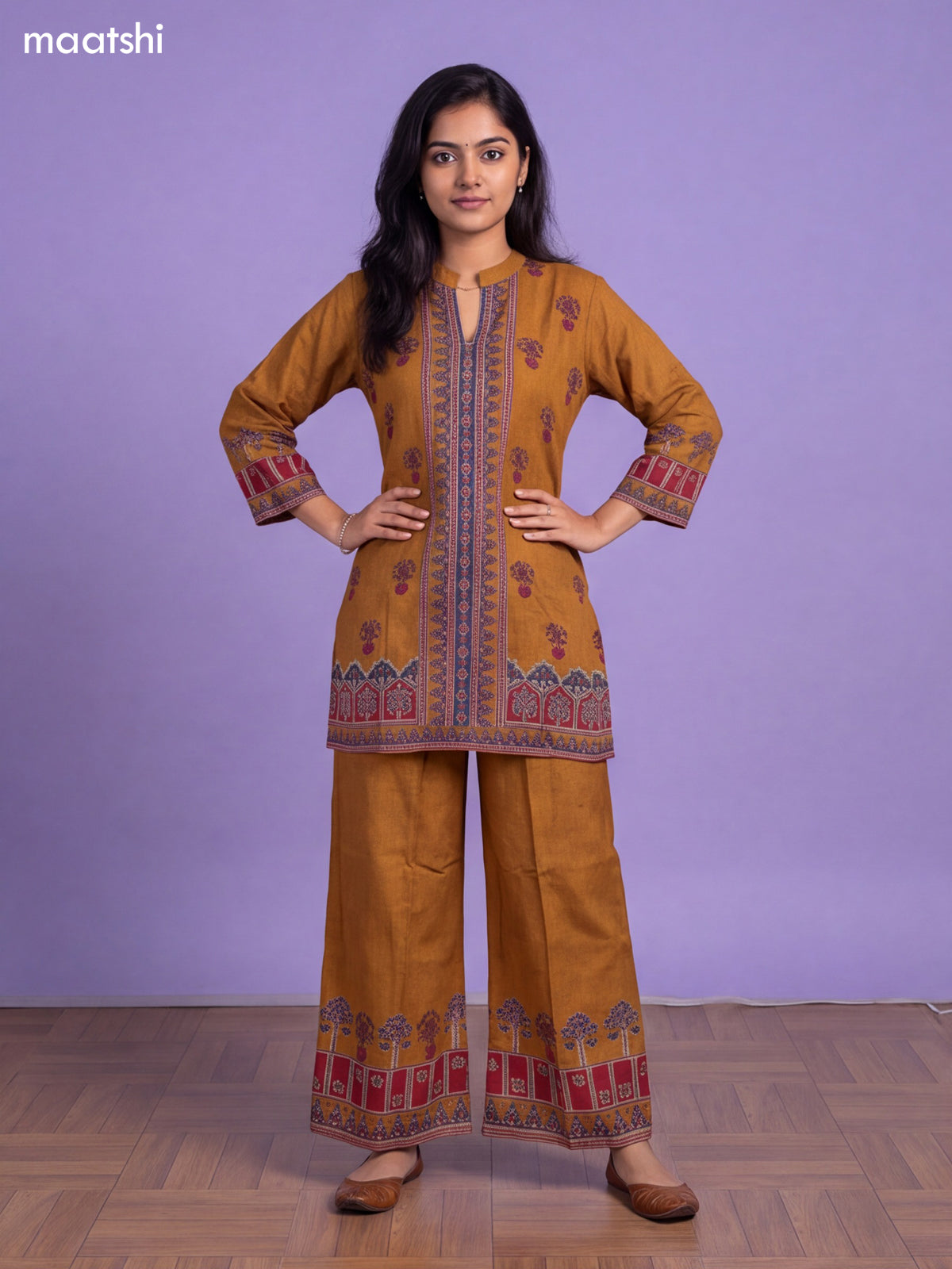 Dark Mustard Muslin Printed & Embroidery Work Neck Pattern Short Co-Ord Set