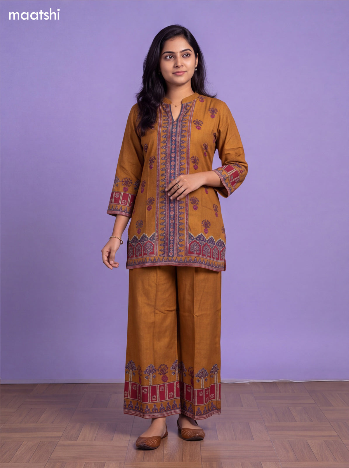 Dark Mustard Muslin Printed & Embroidery Work Neck Pattern Short Co-Ord Set