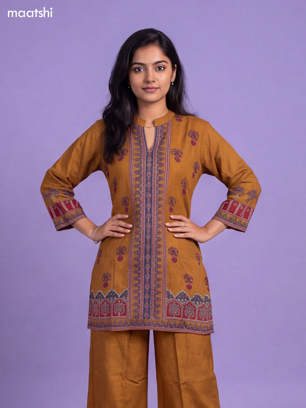 Dark Mustard Muslin Printed & Embroidery Work Neck Pattern Short Co-Ord Set