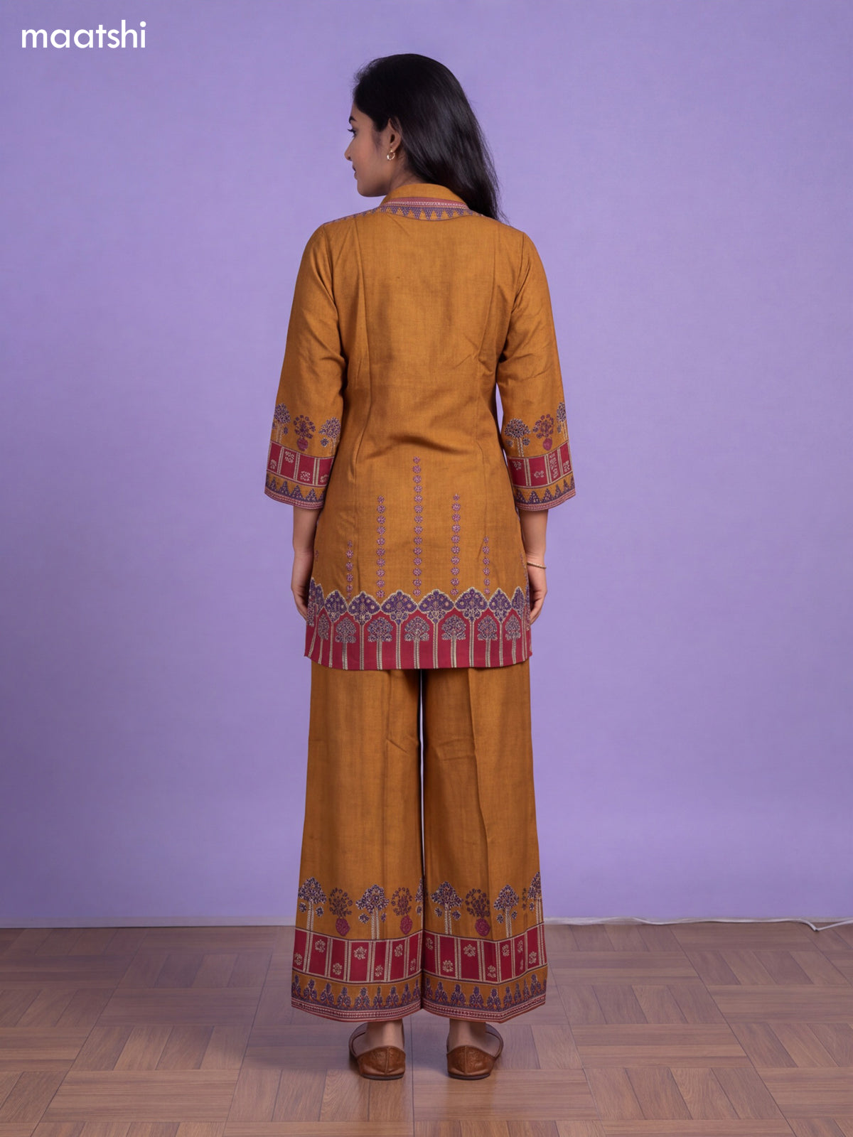 Dark Mustard Muslin Printed & Embroidery Work Neck Pattern Short Co-Ord Set