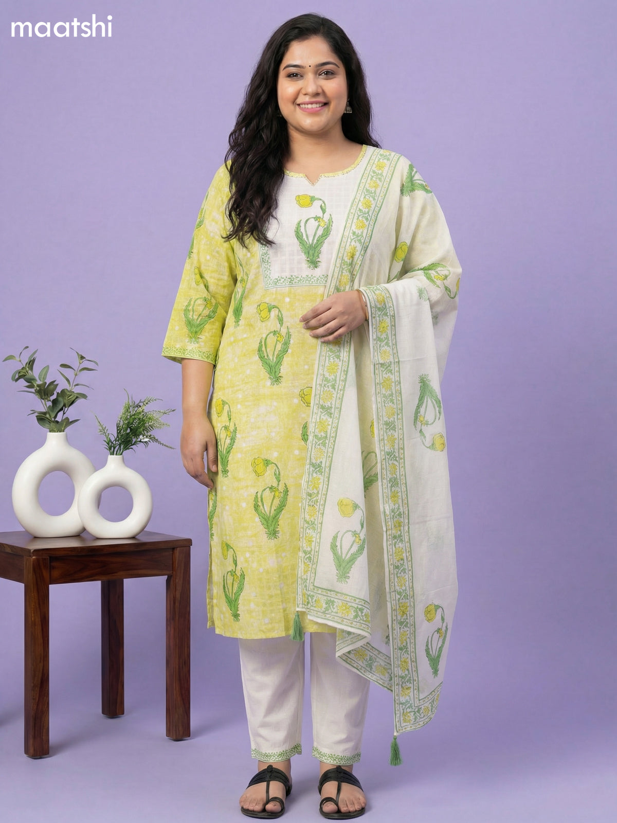 Light Green and Off White Cotton Block Printed Straight Suit