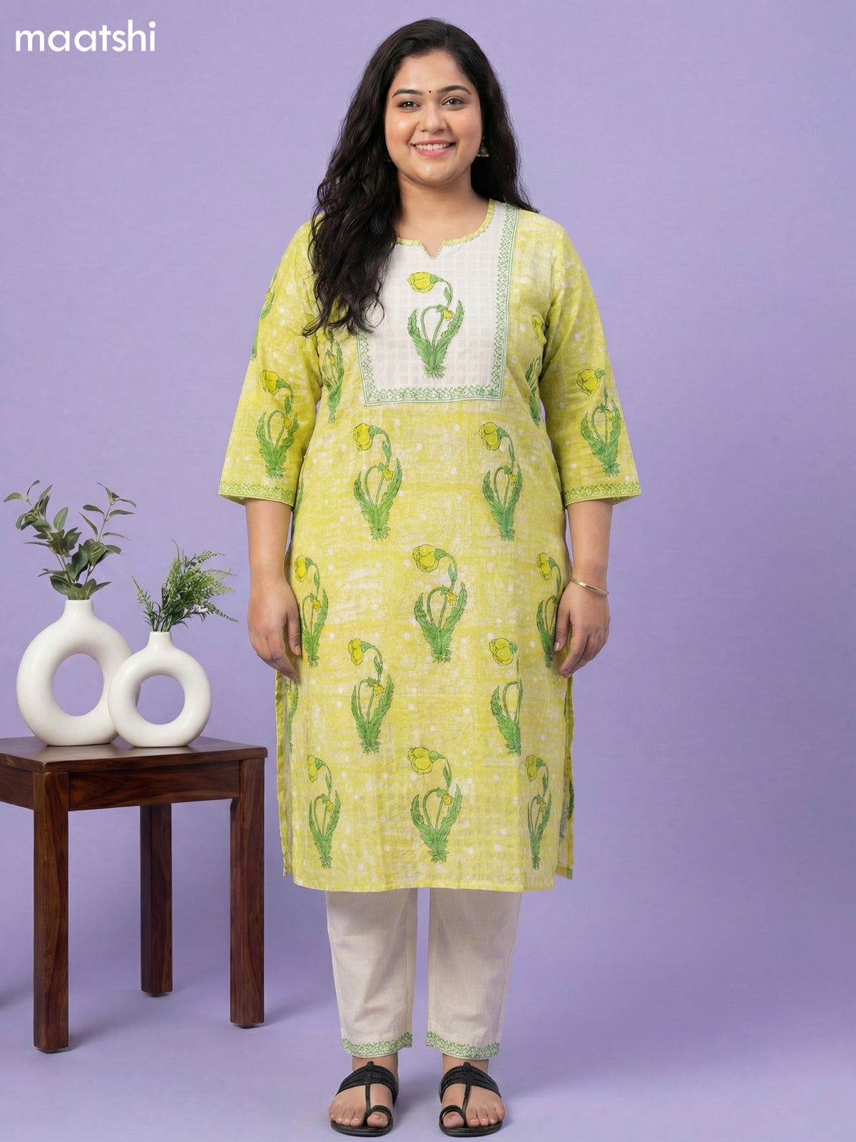 Light Green and Off White Cotton Block Printed Straight Suit