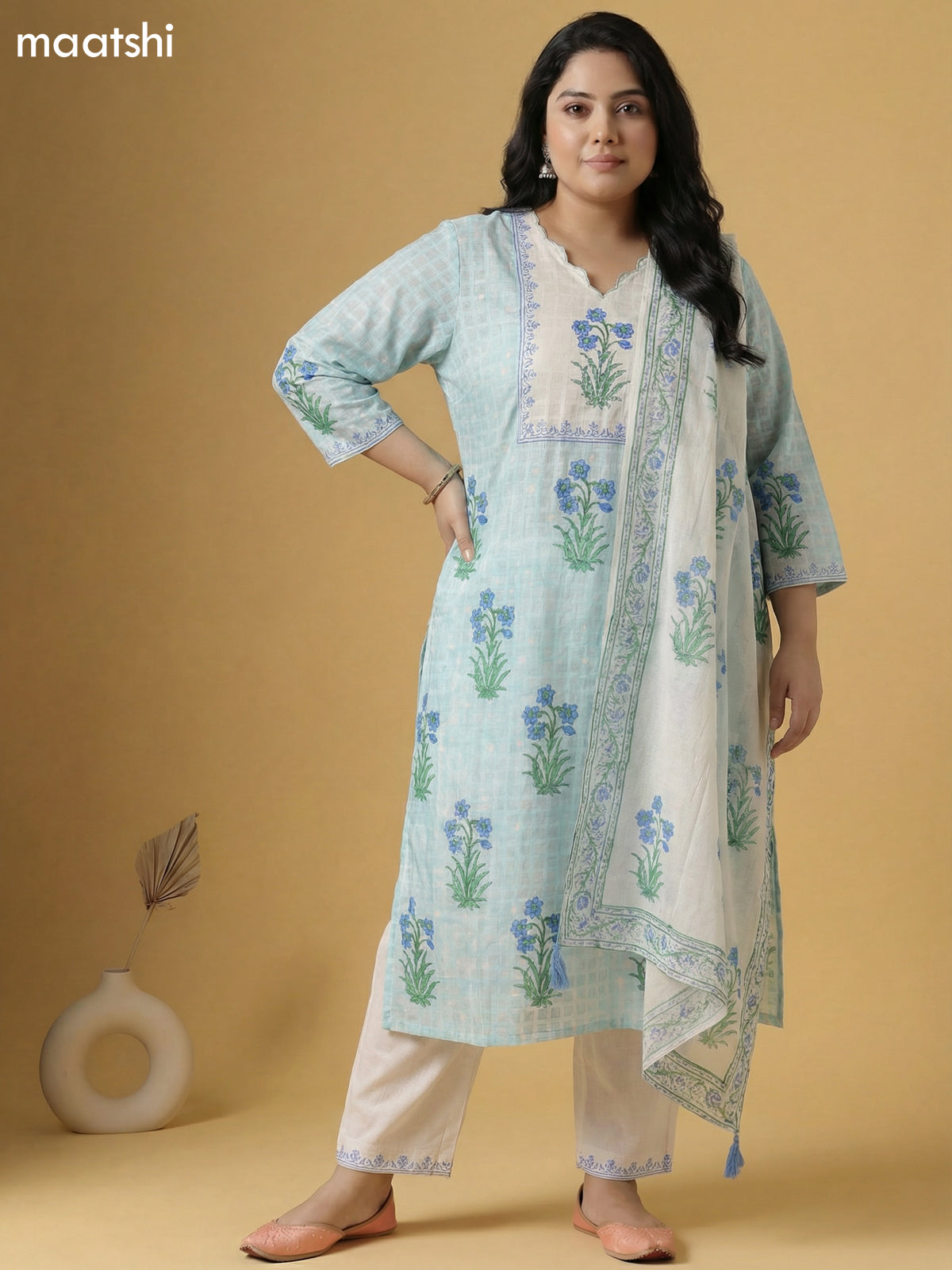 Pastel Blue and Off White Cotton Block Printed Straight Suit
