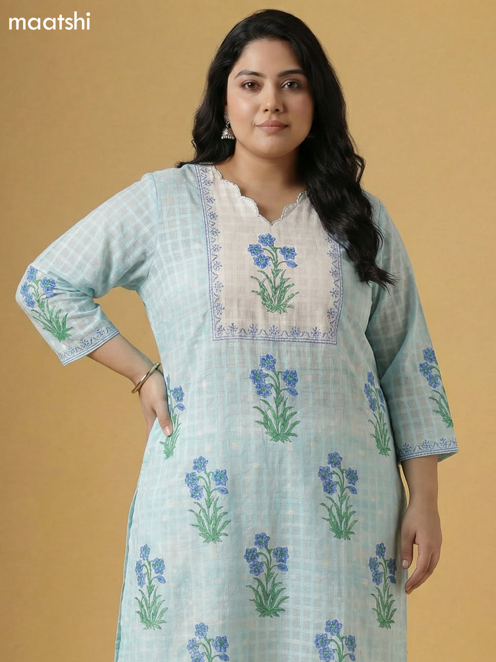 Pastel Blue and Off White Cotton Block Printed Straight Suit