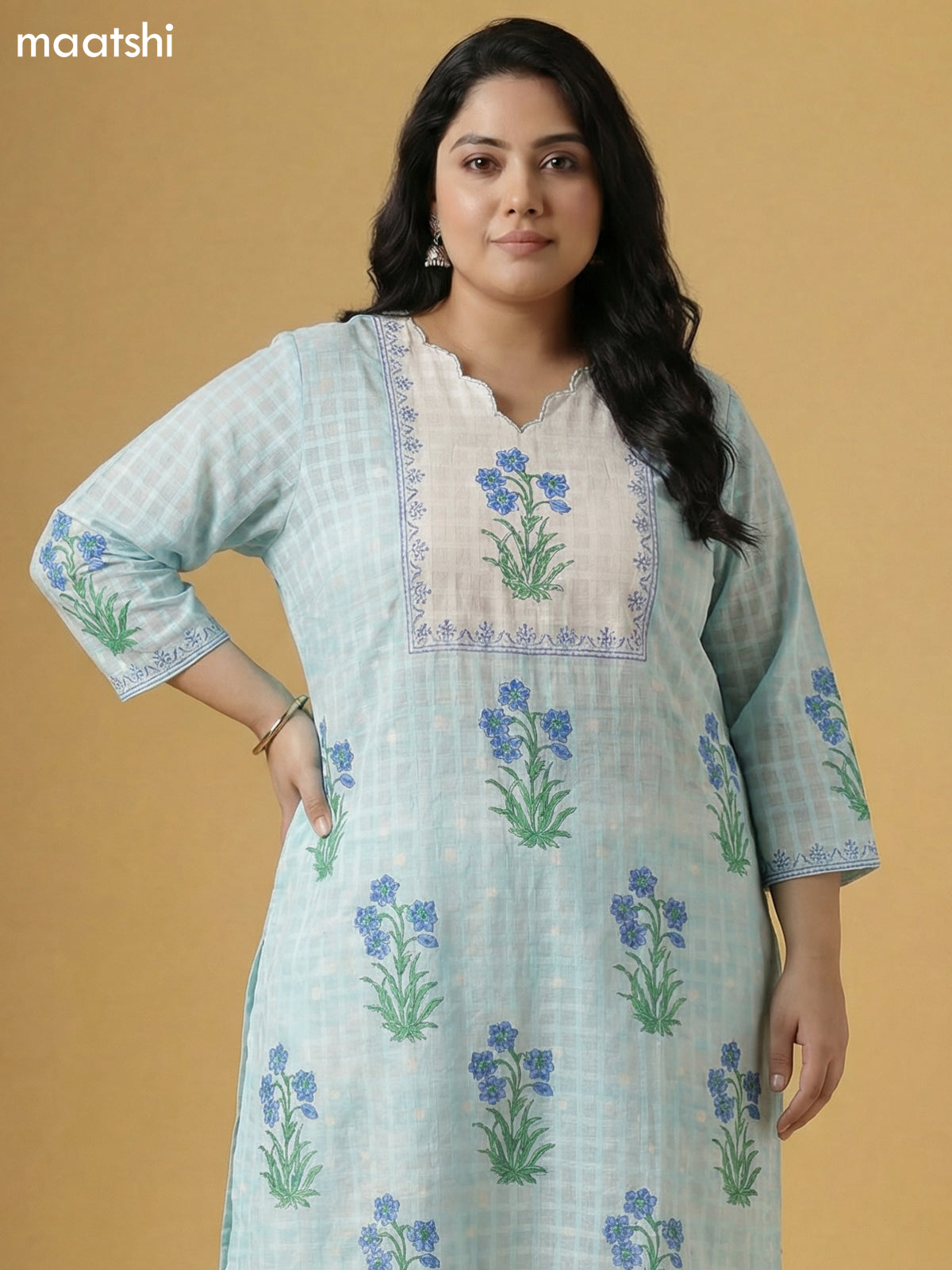 Pastel Blue and Off White Cotton Block Printed Straight Suit