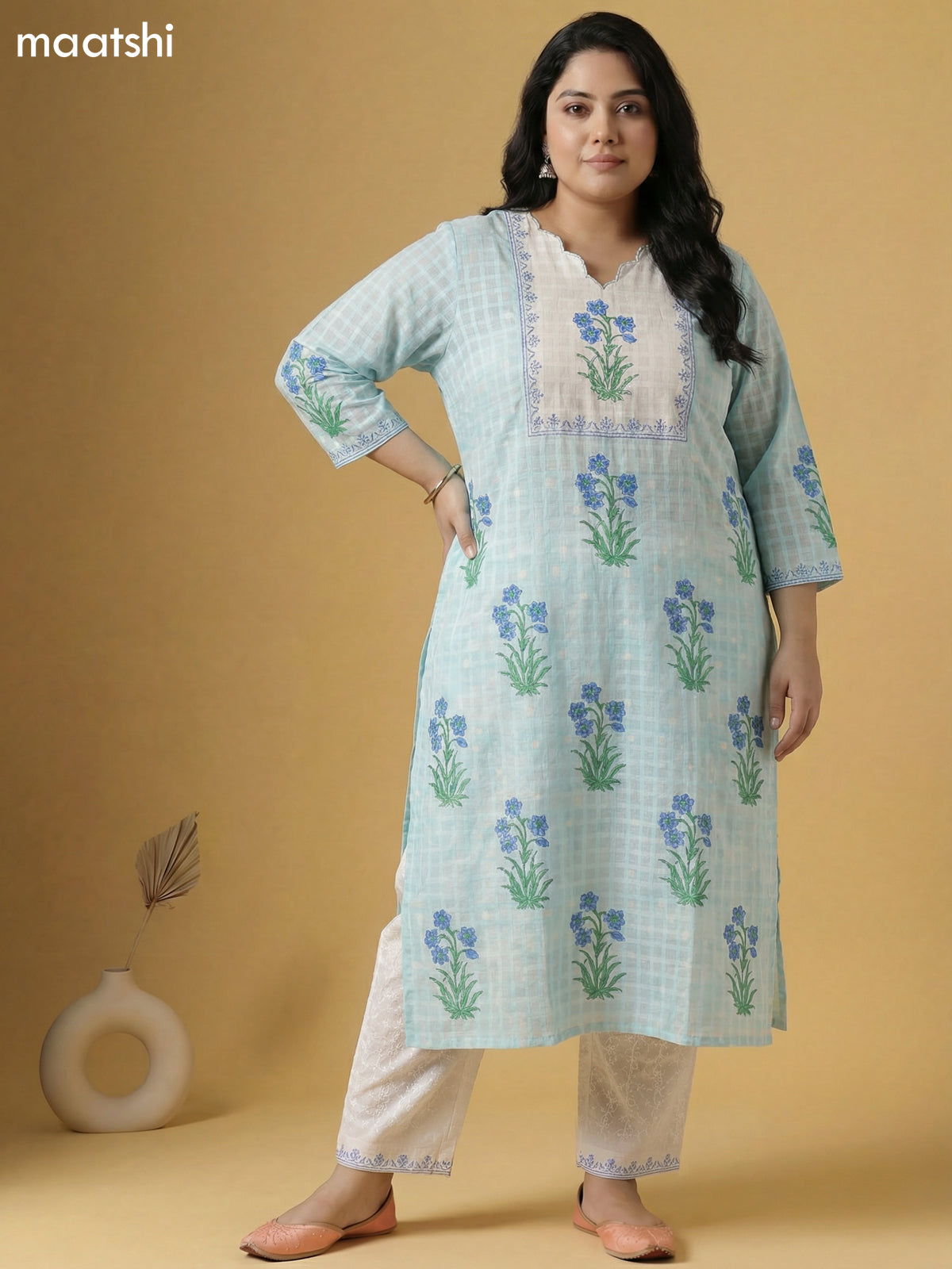 Pastel Blue and Off White Cotton Block Printed Straight Suit