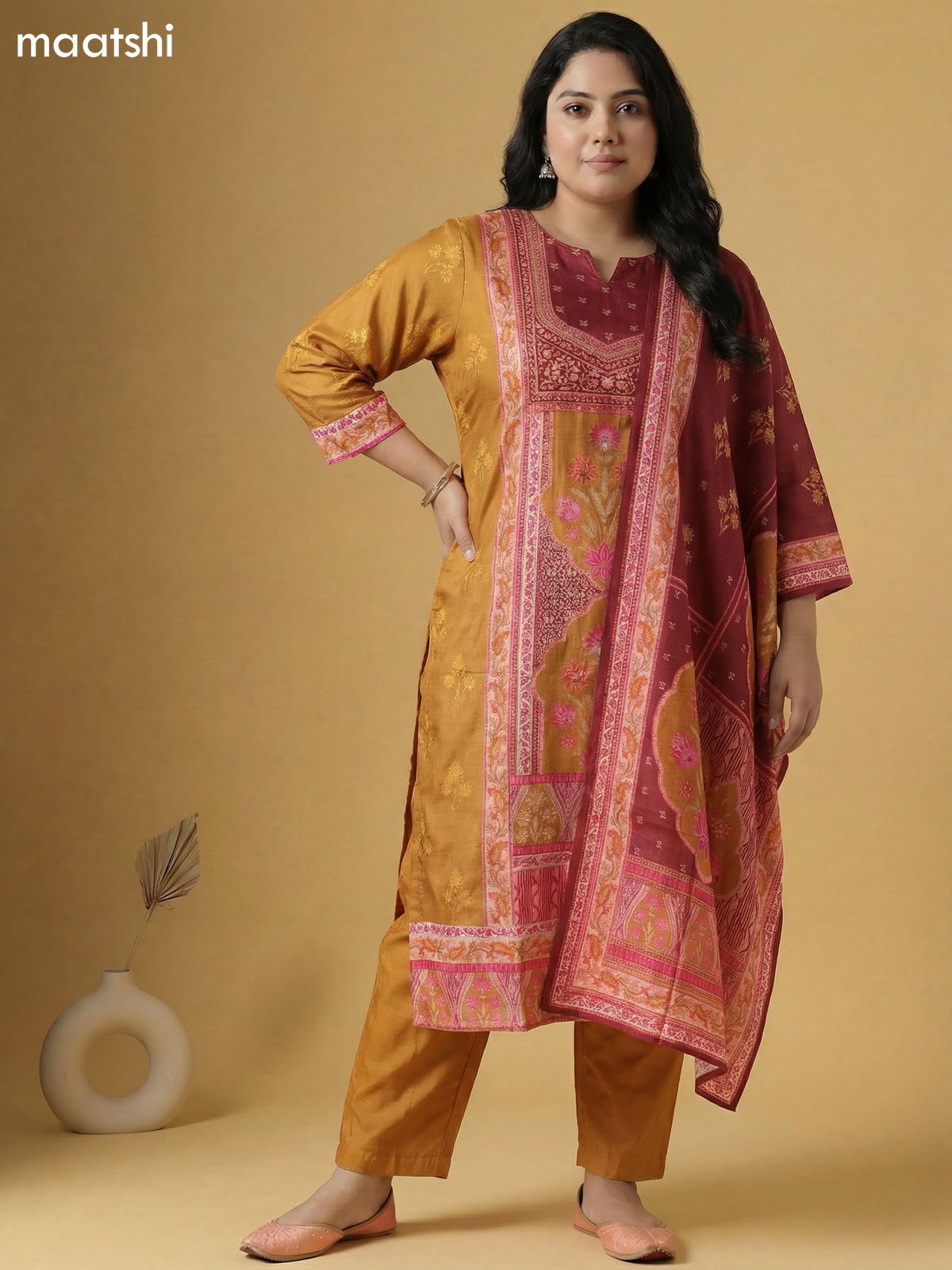 Dark Mustard and Maroon Muslin Foral Printed Straight Suit