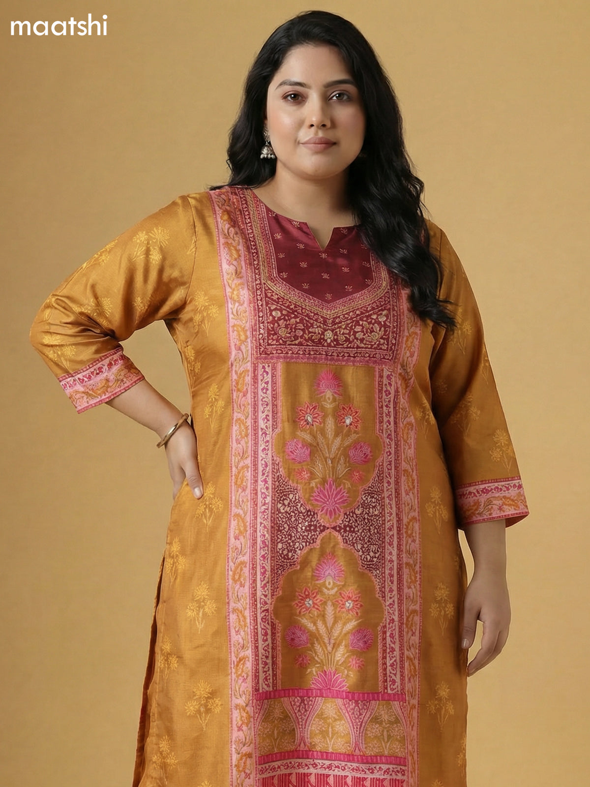 Dark Mustard and Maroon Muslin Foral Printed Straight Suit