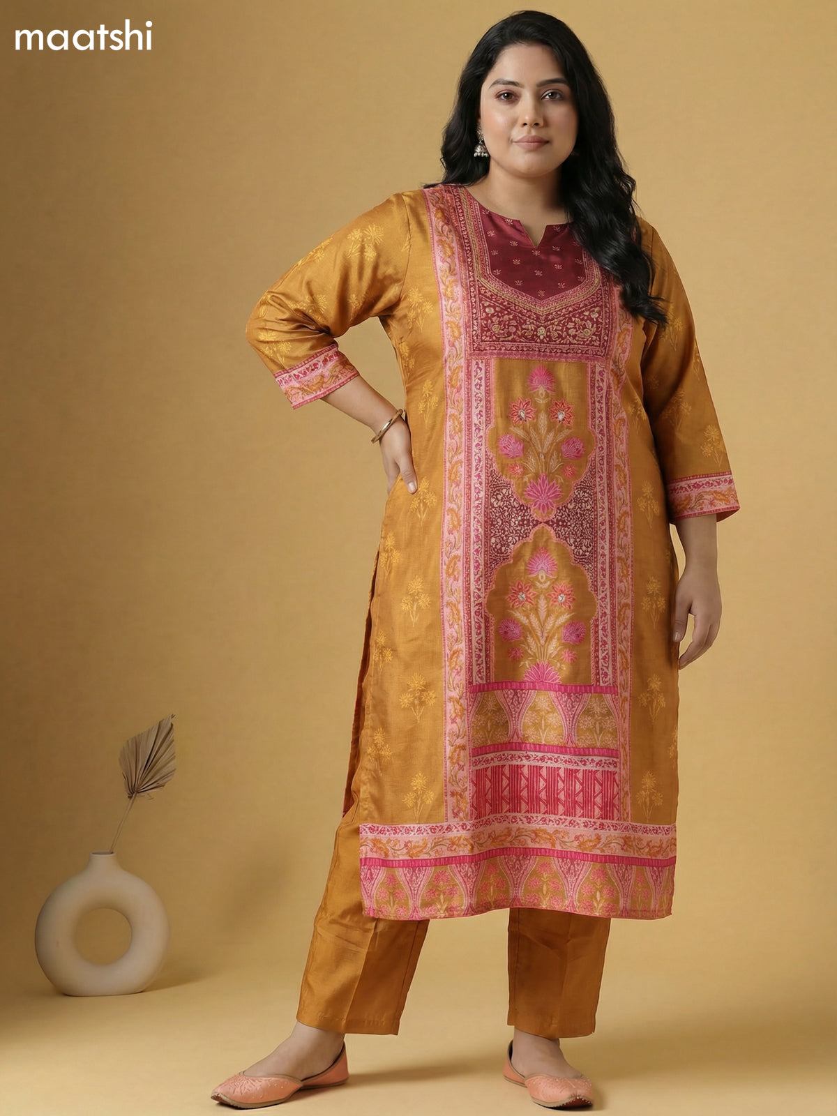 Dark Mustard and Maroon Muslin Foral Printed Straight Suit