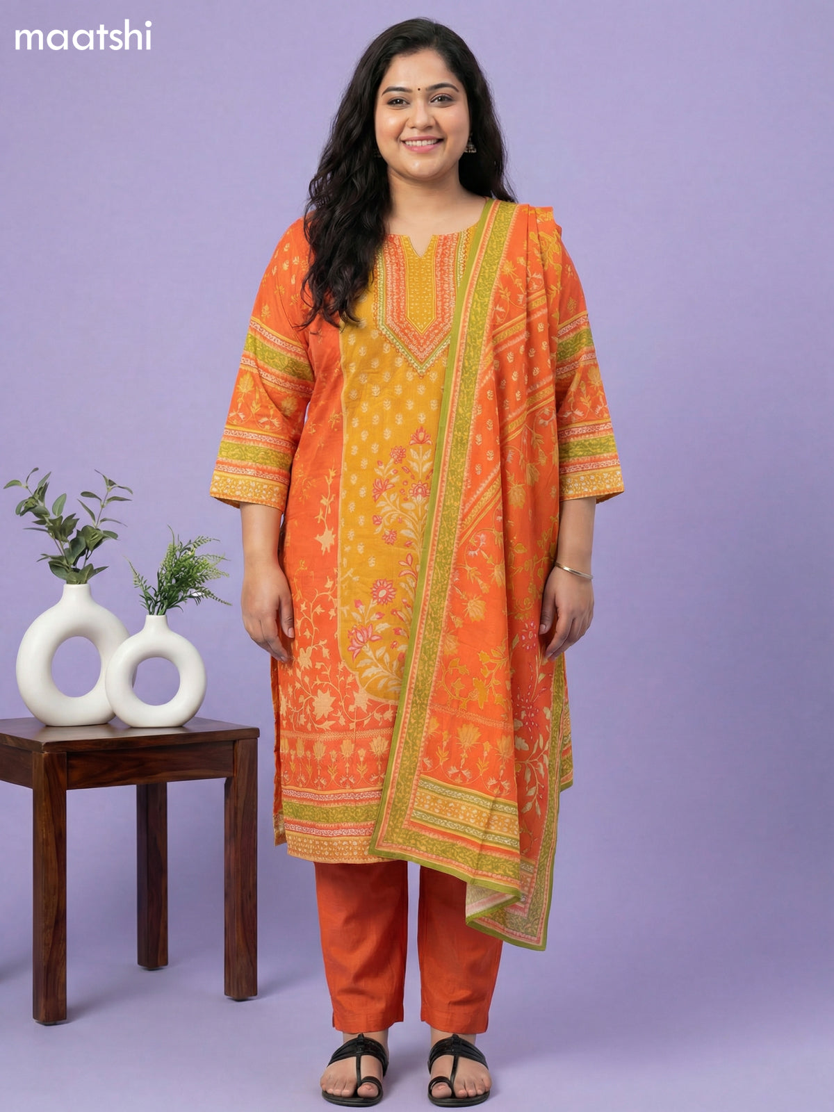 Orange and Mustard Yellow Muslin Foral Printed Straight Suit