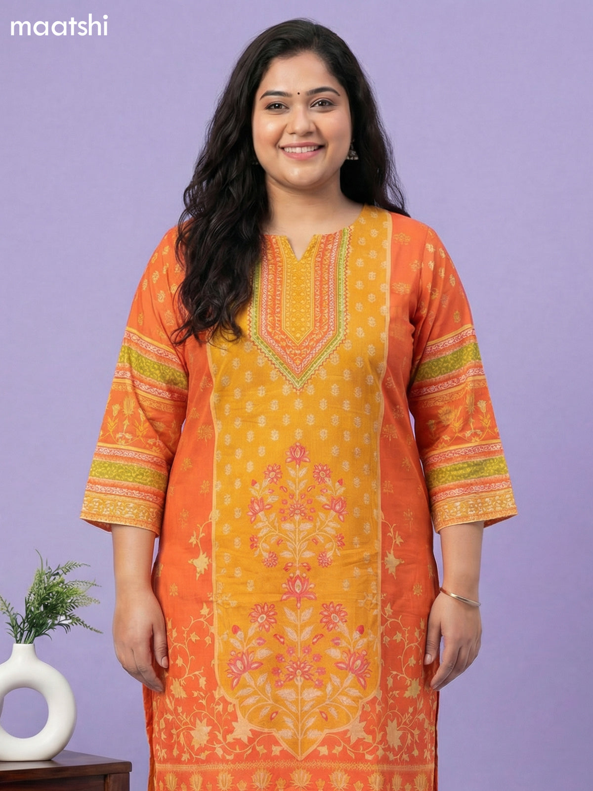 Orange and Mustard Yellow Muslin Foral Printed Straight Suit