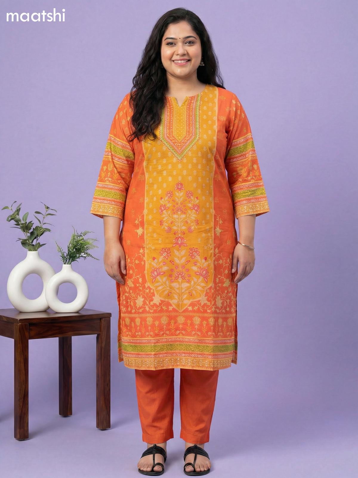 Orange and Mustard Yellow Muslin Foral Printed Straight Suit