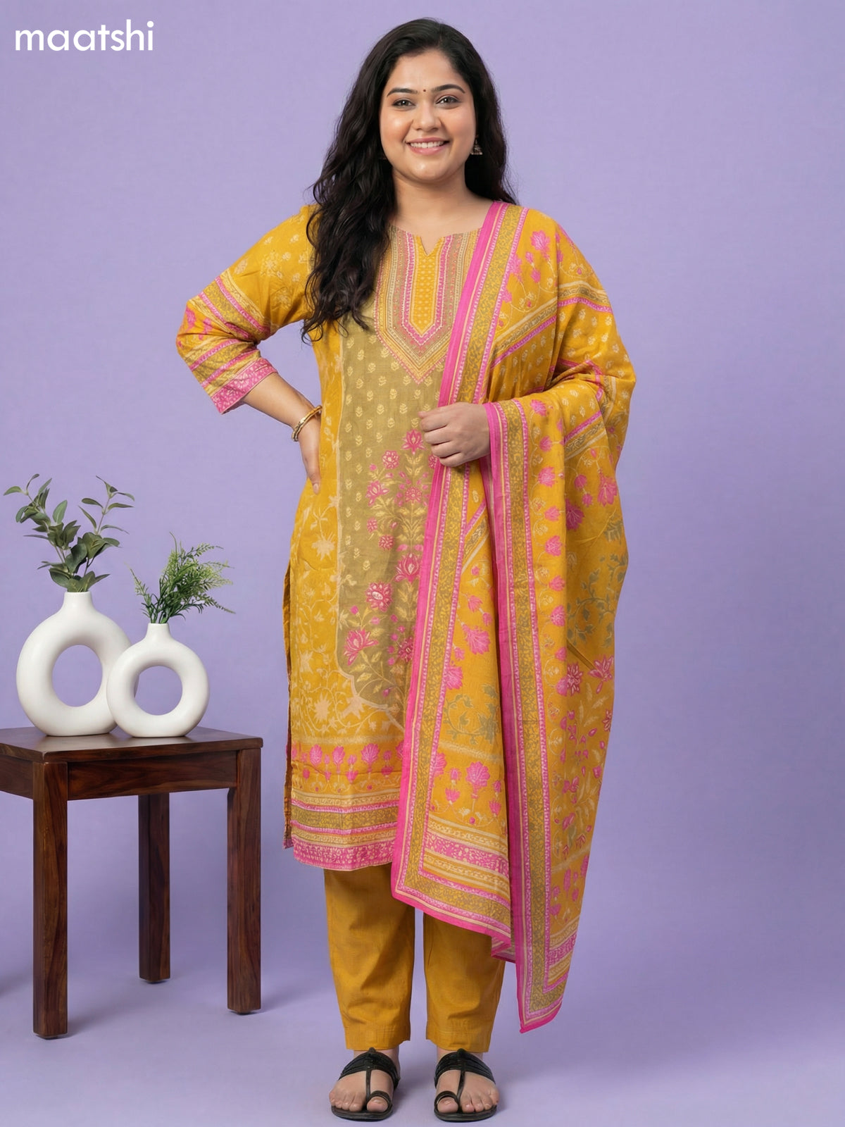 Mustard Yellow and Pink Sandal Muslin Foral Printed Straight Suit