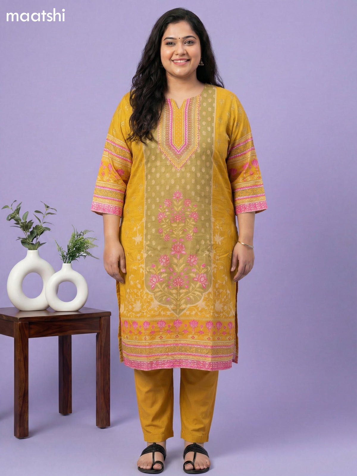 Mustard Yellow and Pink Sandal Muslin Foral Printed Straight Suit