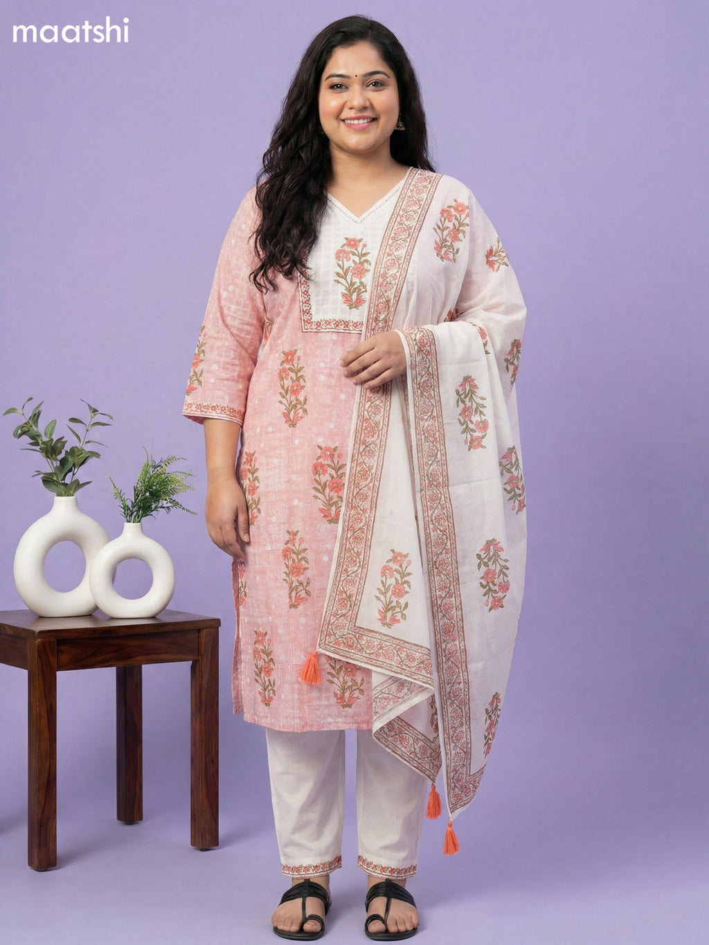 Pastel Shade and Off White Cotton Block Printed Straight Suit