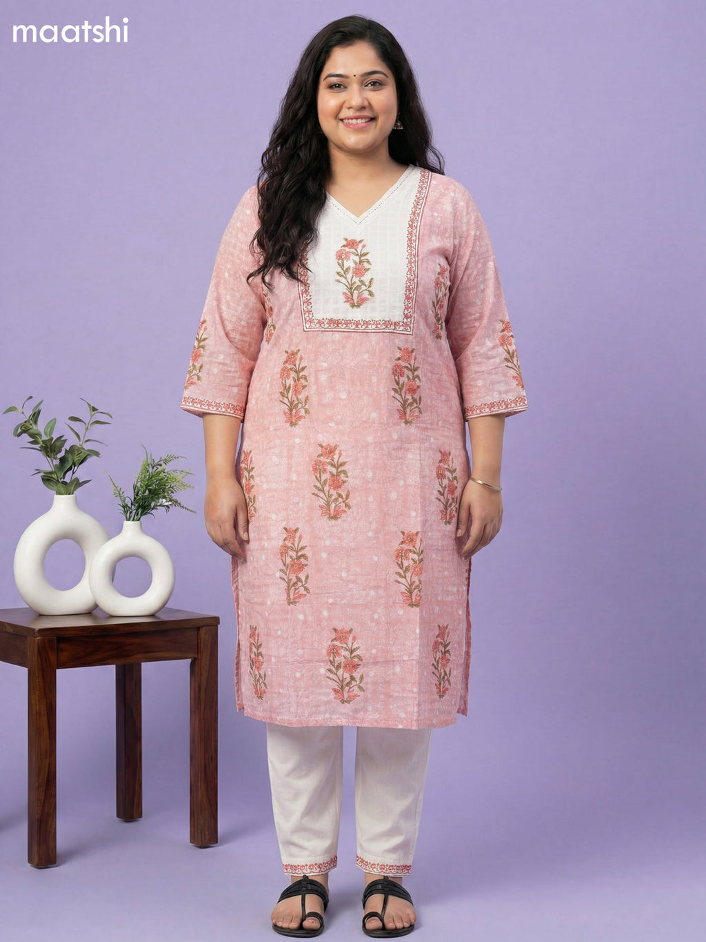 Pastel Shade and Off White Cotton Block Printed Straight Suit