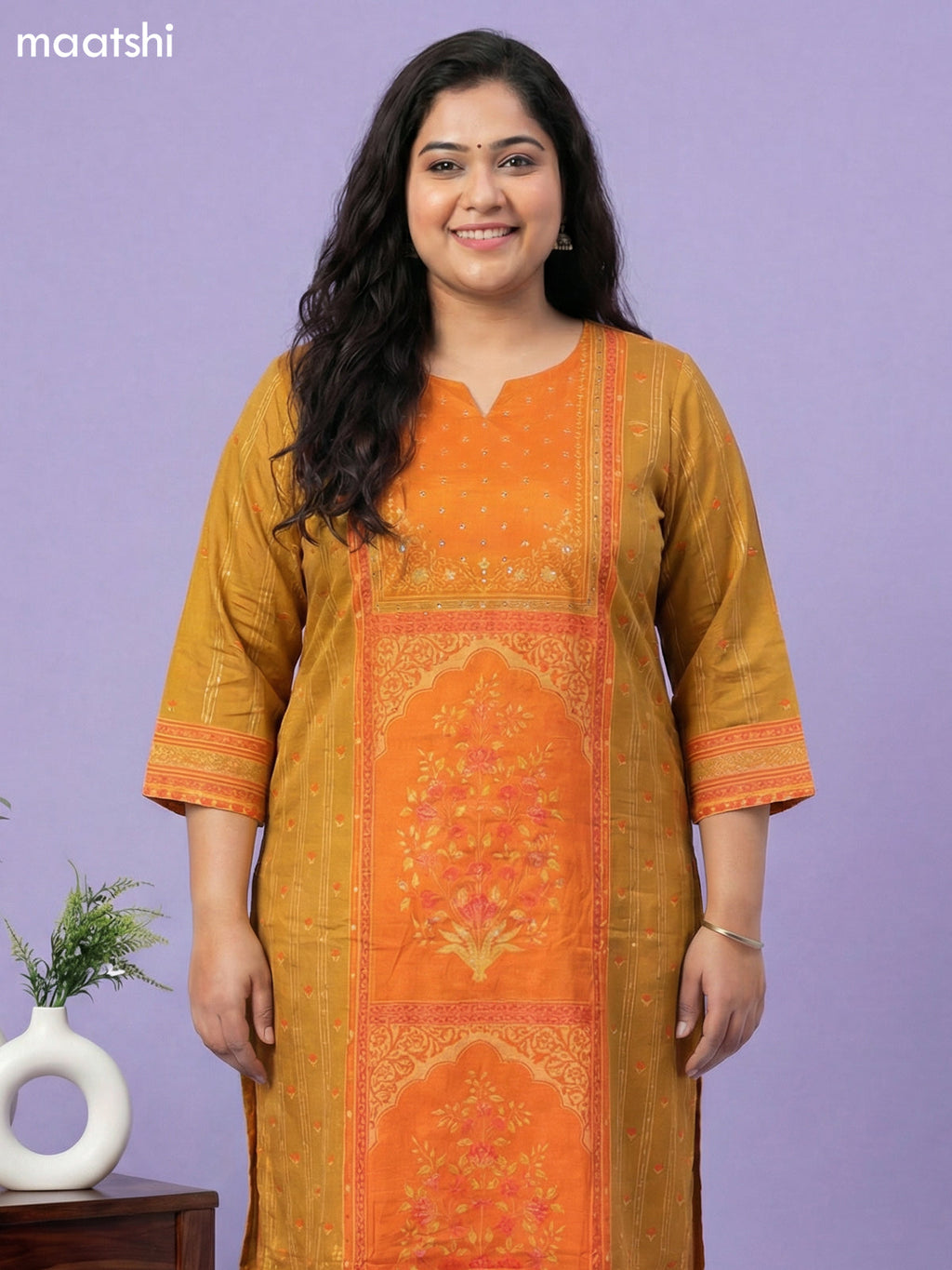Dark Mustard and Orange Muslin Foral Printed Straight Suit