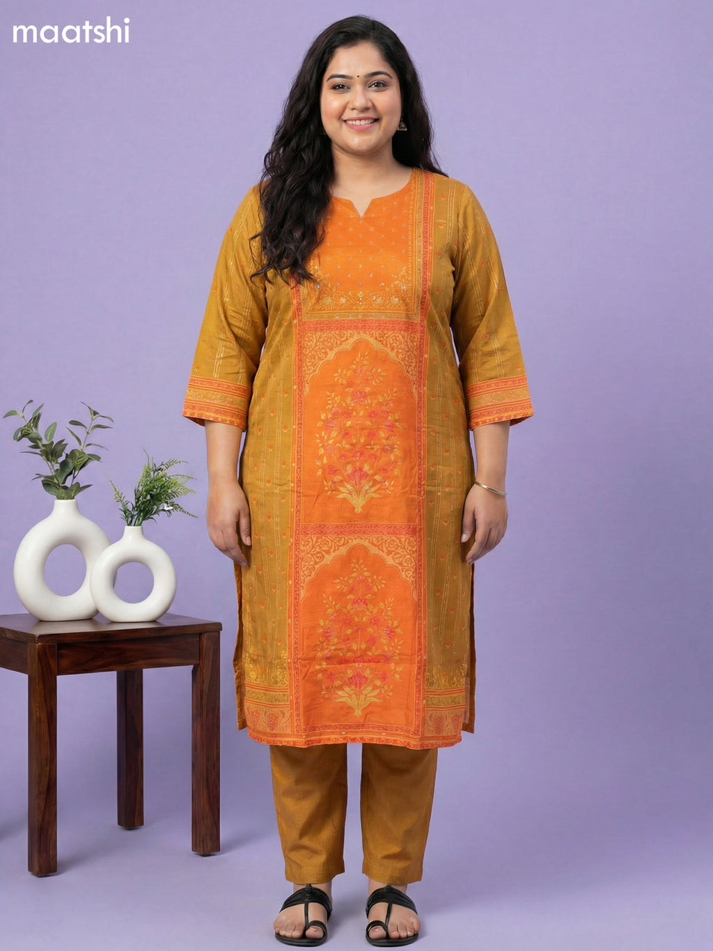 Dark Mustard and Orange Muslin Foral Printed Straight Suit
