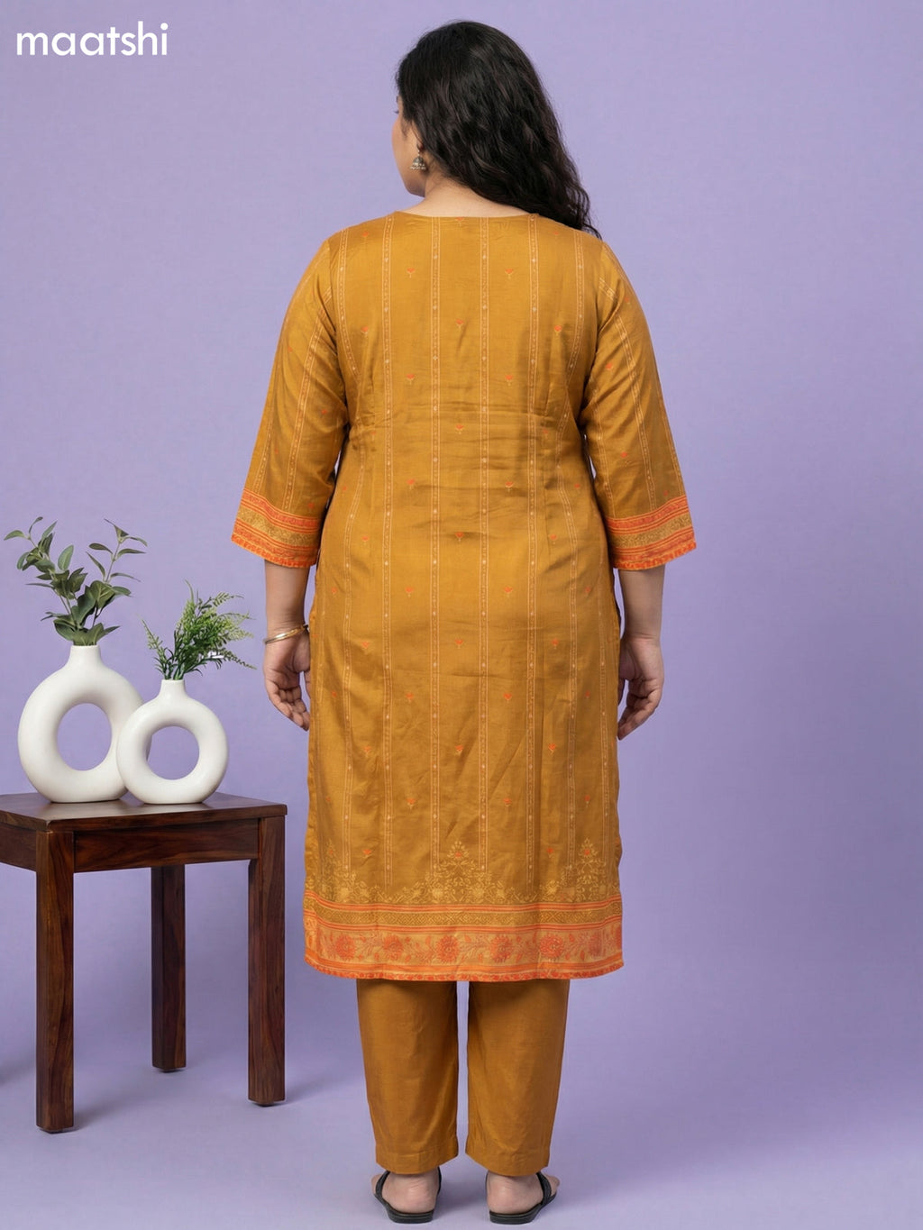 Dark Mustard and Orange Muslin Foral Printed Straight Suit