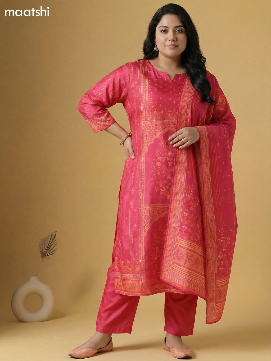 Peach Pink and Orange Muslin Foral Printed Straight Suit