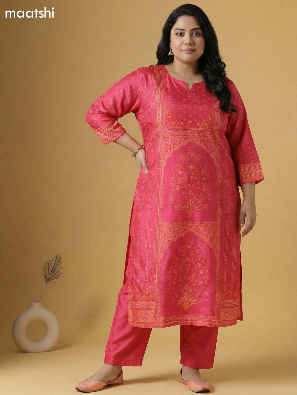 Peach Pink and Orange Muslin Foral Printed Straight Suit