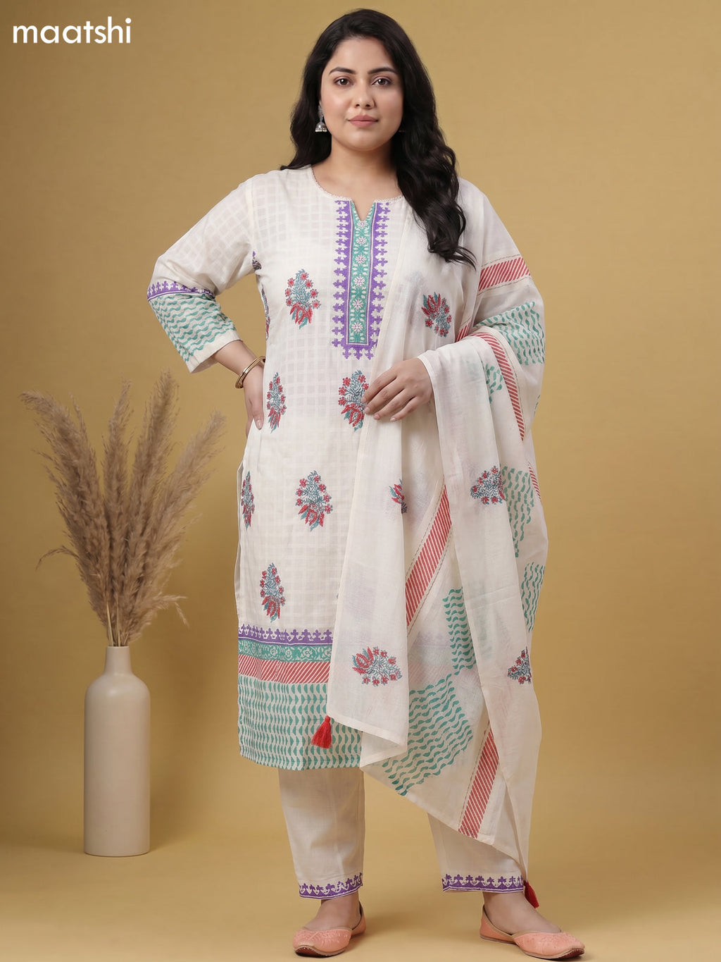 Off White Cotton Printed Straight Suit