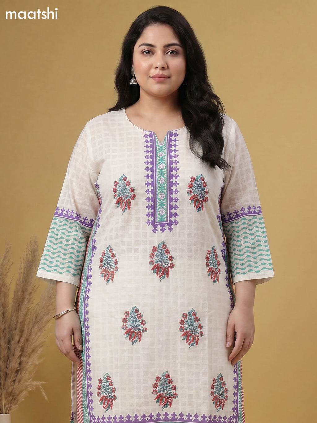 Off White Cotton Printed Straight Suit