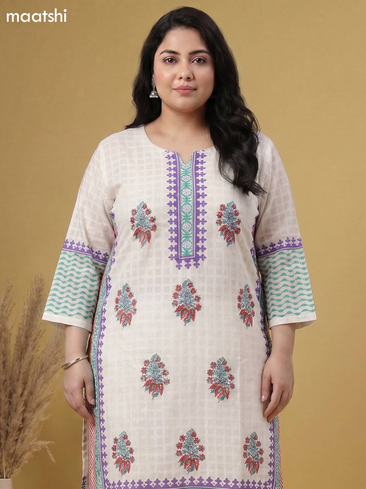 Off White Cotton Printed Straight Suit