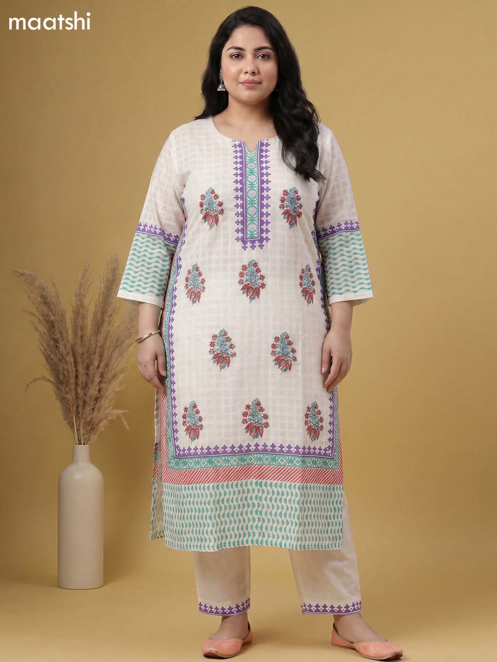 Off White Cotton Printed Straight Suit