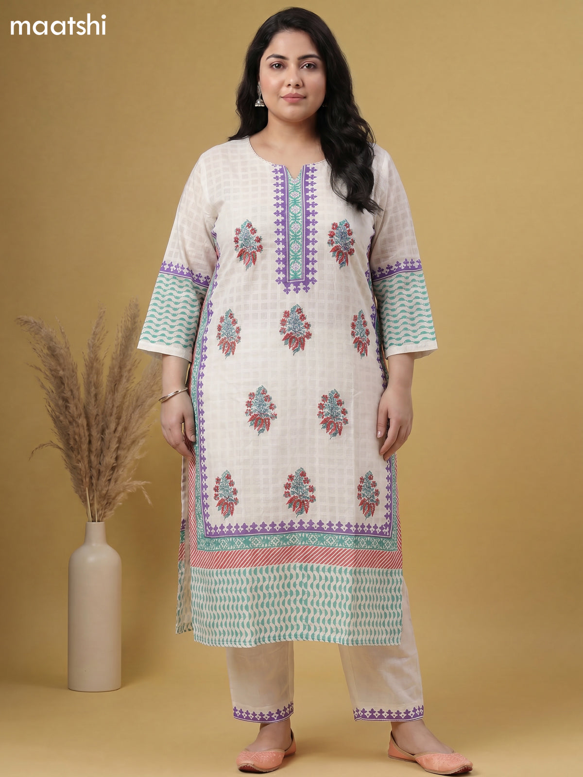 Off White Cotton Printed Straight Suit