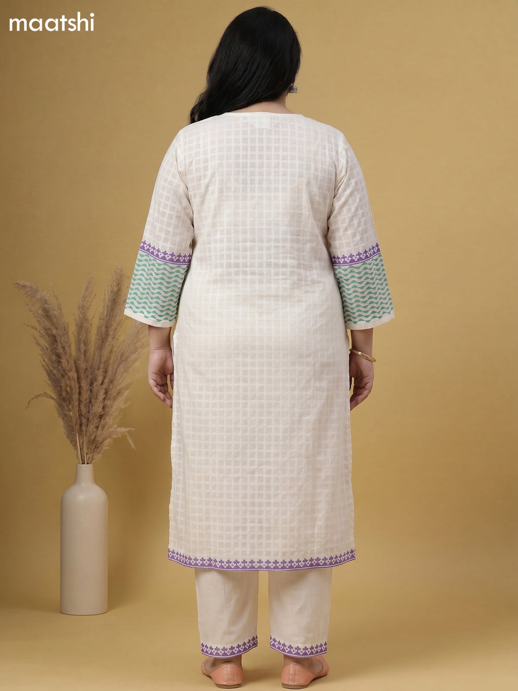 Off White Cotton Printed Straight Suit