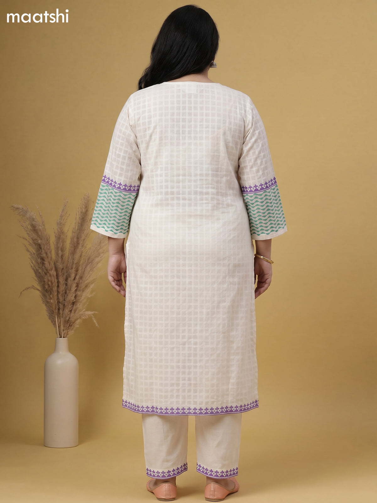 Off White Cotton Printed Straight Suit