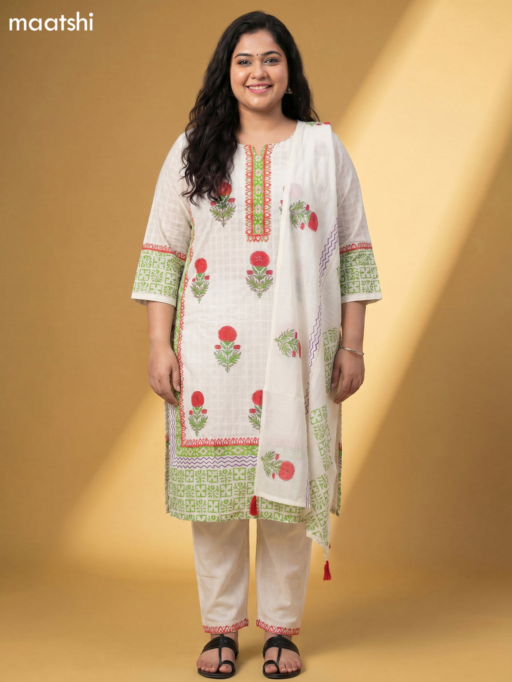 Off White Cotton Printed Straight Suit