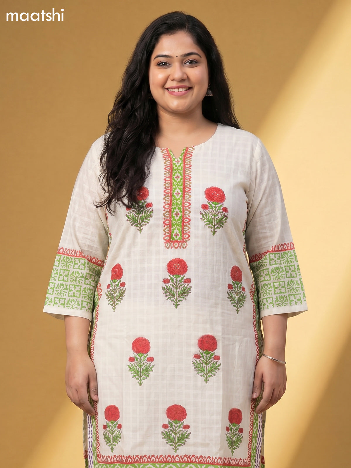 Off White Cotton Printed Straight Suit