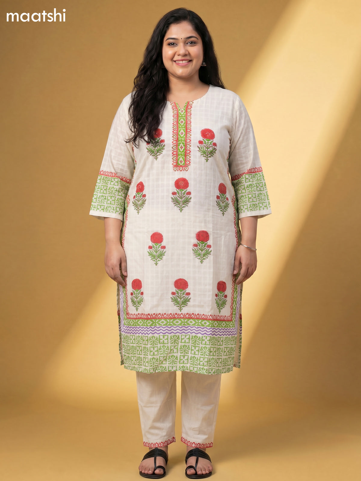 Off White Cotton Printed Straight Suit