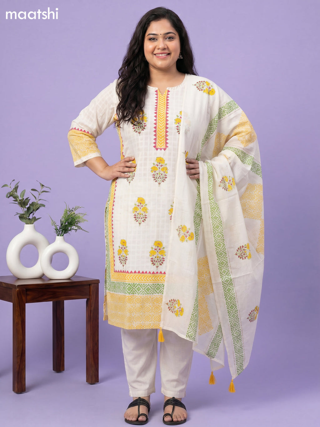 Off White Cotton Printed Straight Suit
