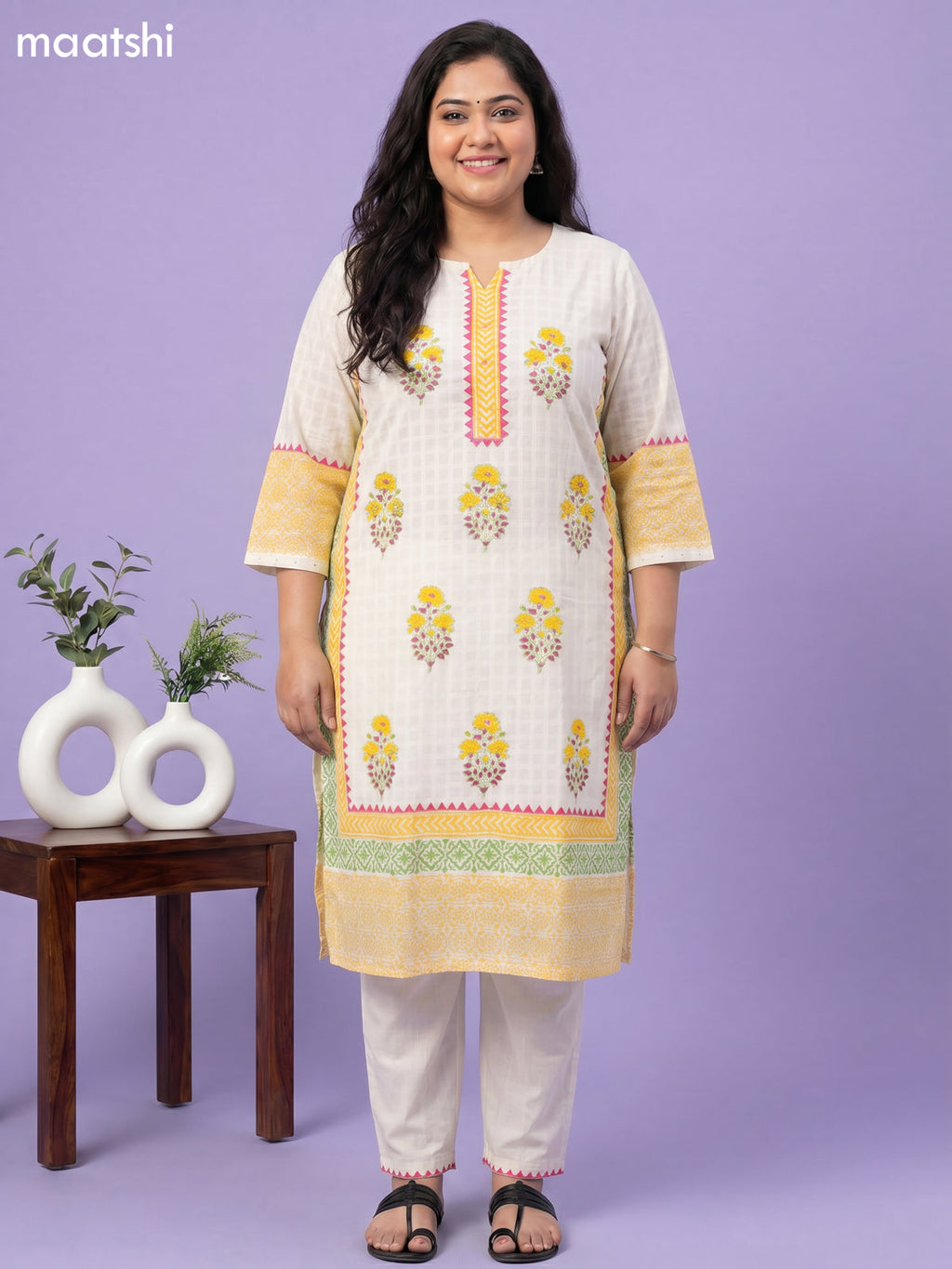 Off White Cotton Printed Straight Suit