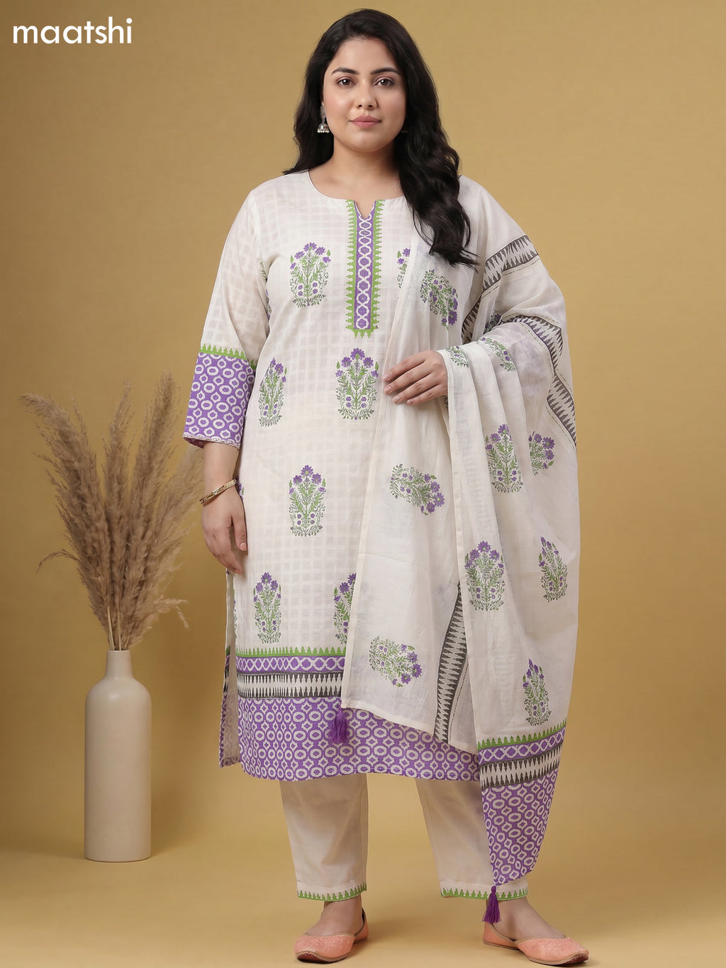 Off White Cotton Printed Straight Suit