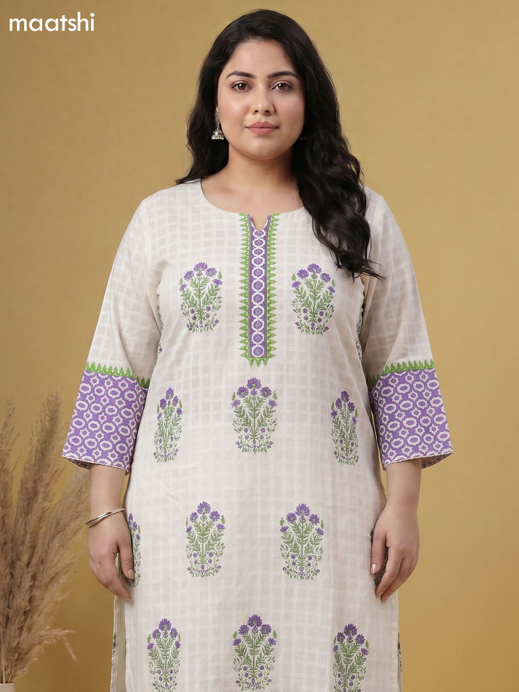 Off White Cotton Printed Straight Suit