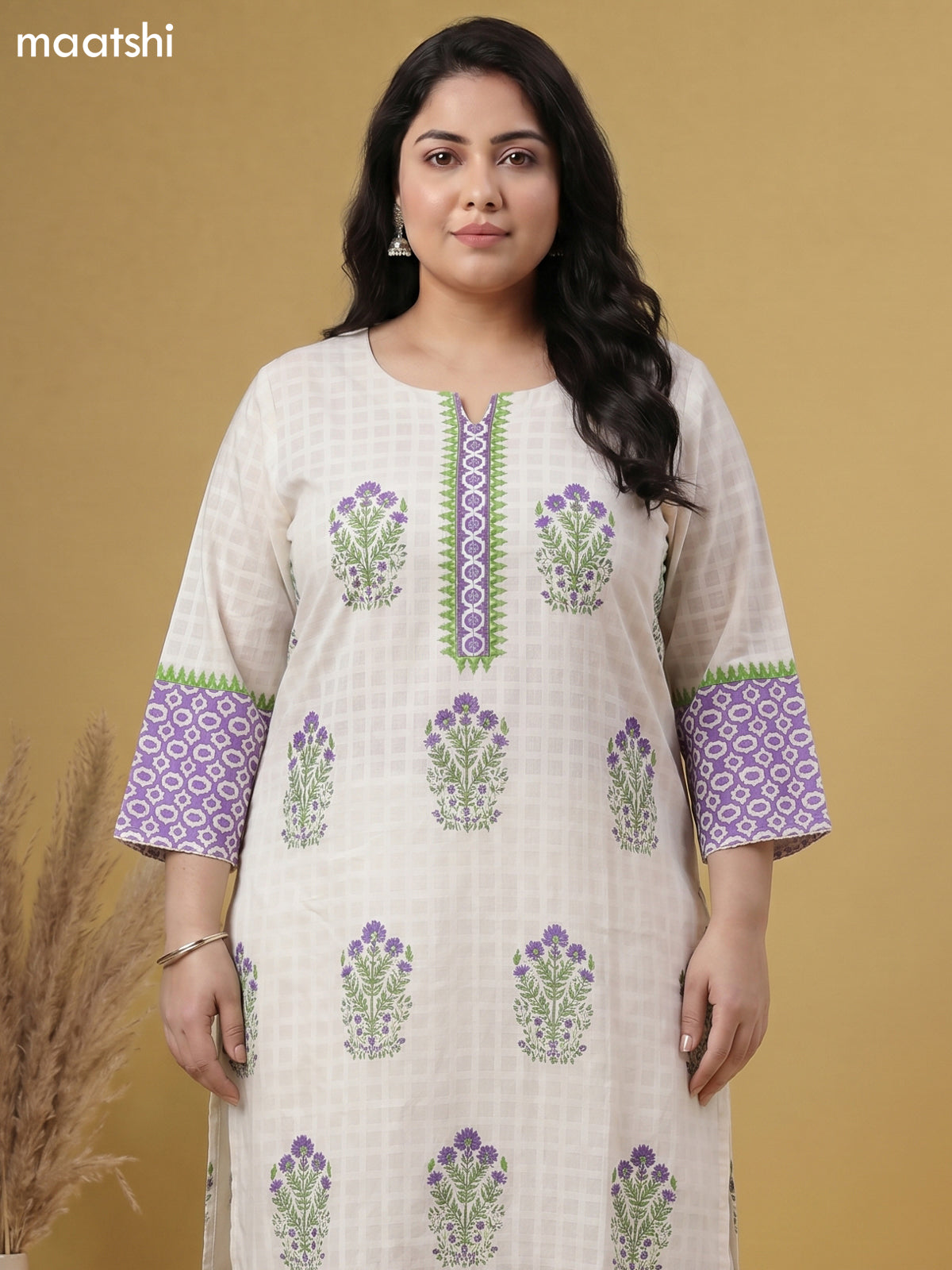 Off White Cotton Printed Straight Suit