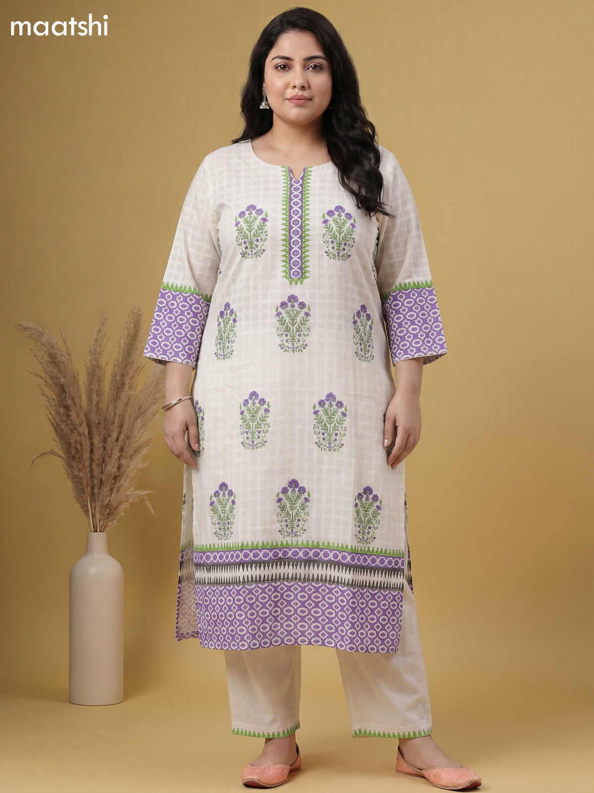 Off White Cotton Printed Straight Suit