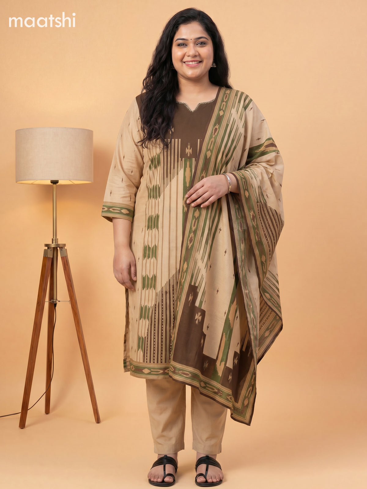 Brown and Sandal Cotton Printed Salwar Suits