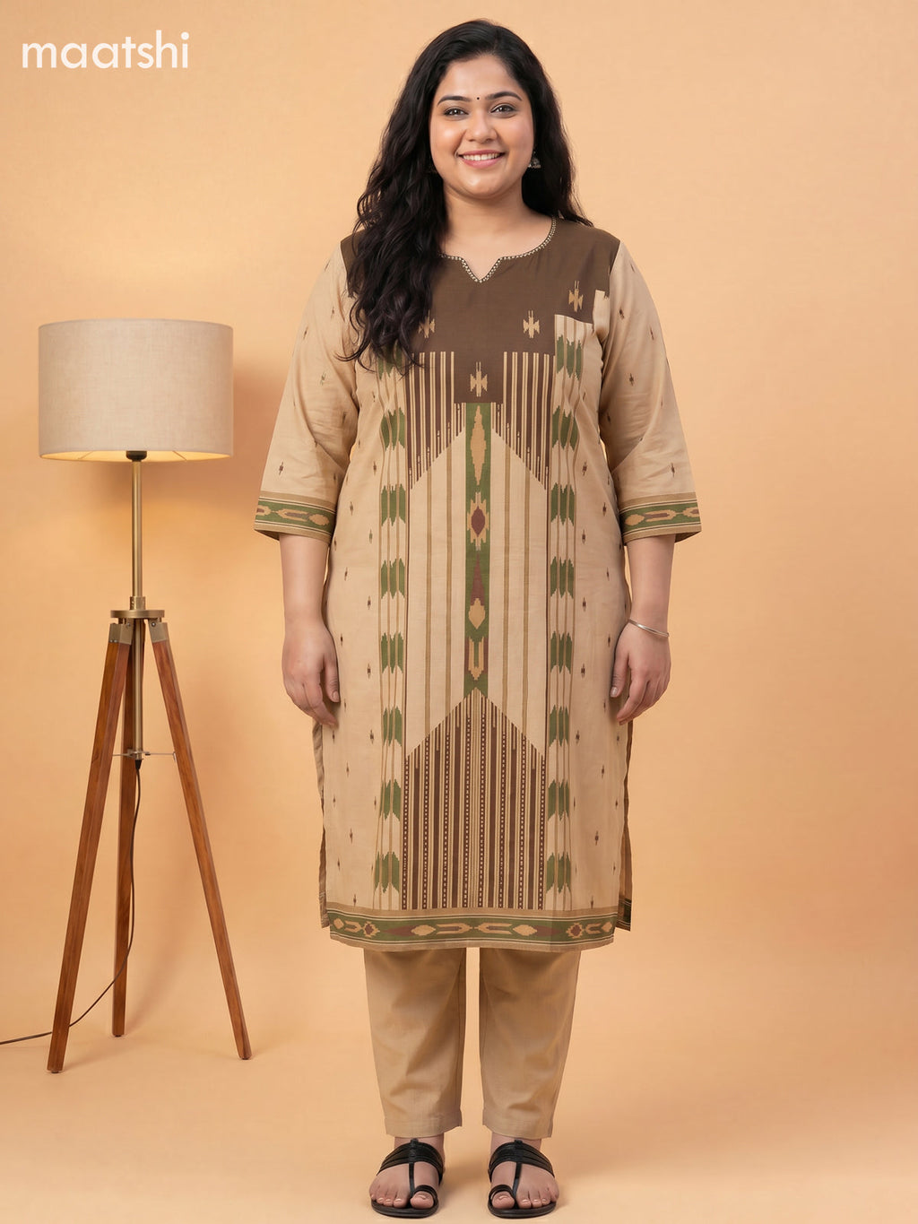 Brown and Sandal Cotton Printed Salwar Suits