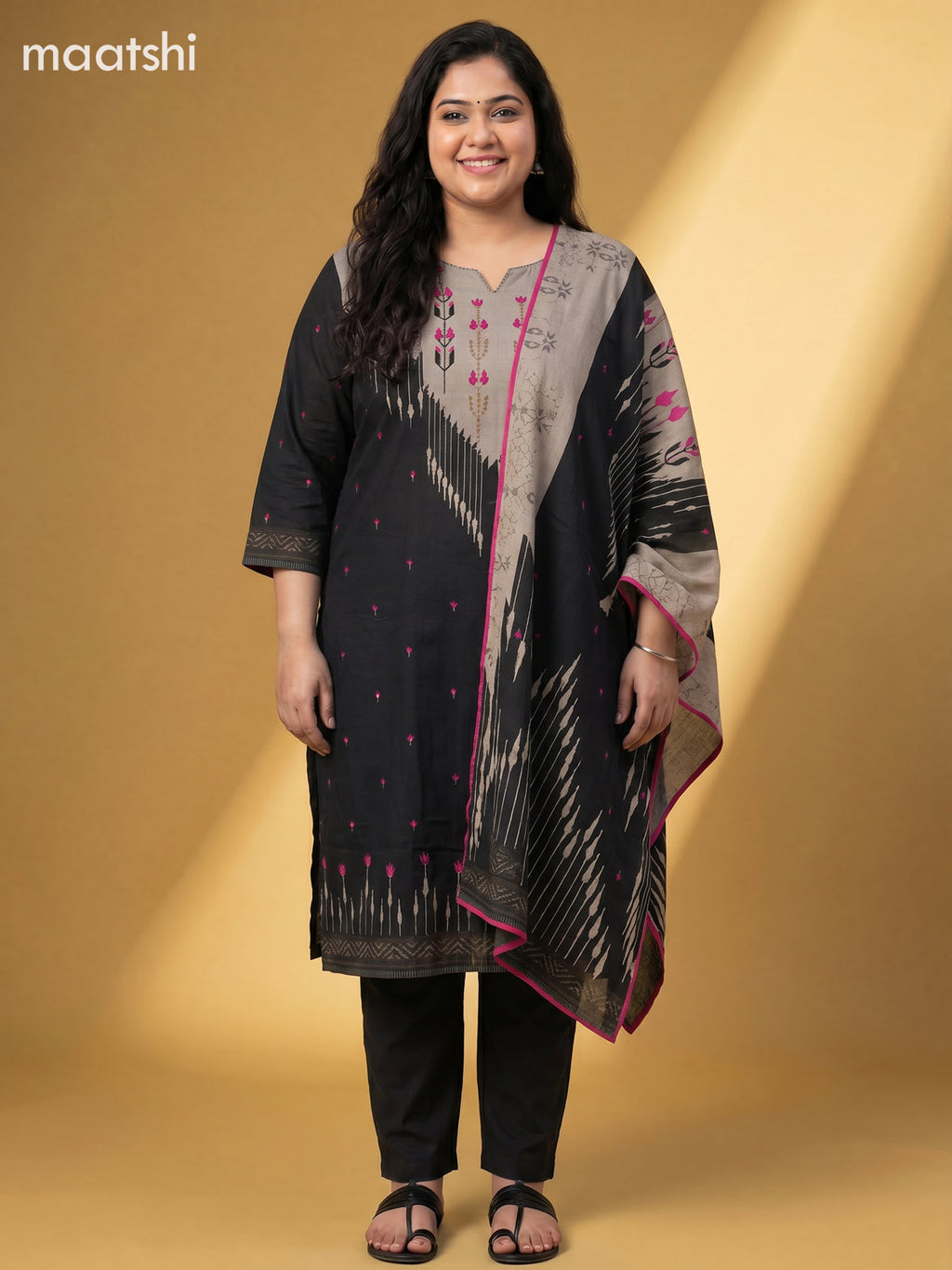 Beige and Black Cotton Printed Salwar Suits