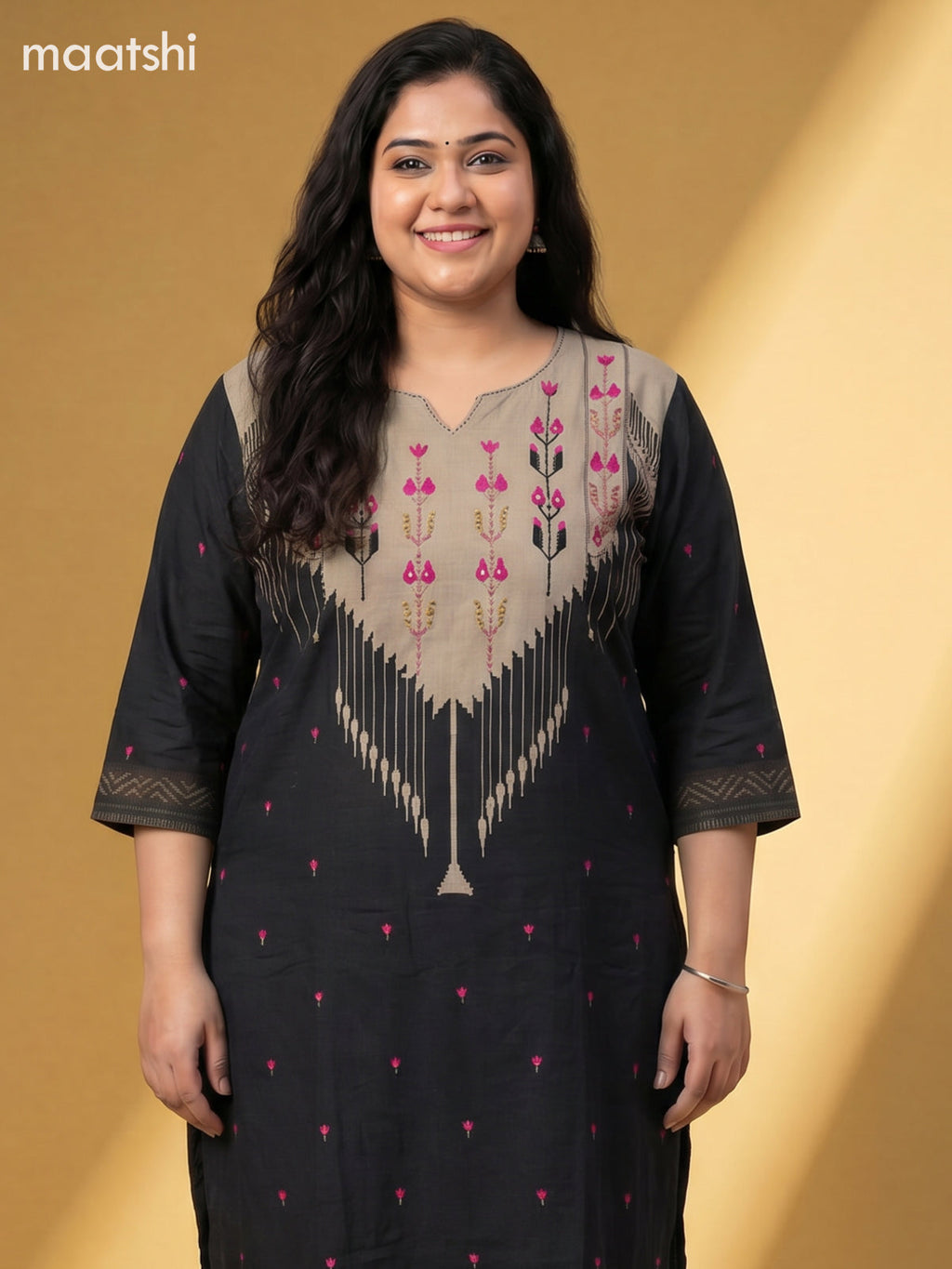 Beige and Black Cotton Printed Salwar Suits